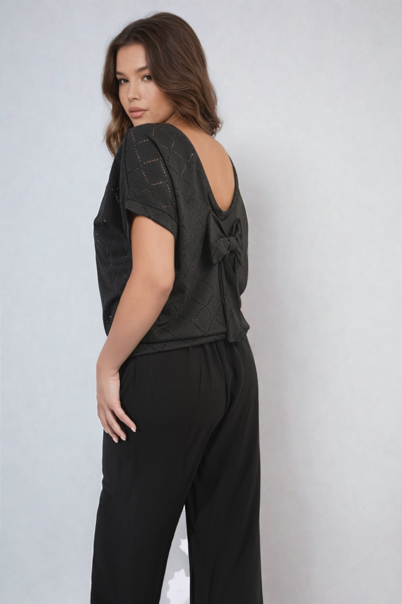 Bow Back Eyelet Details Short Sleeve Oversized Top - Black River UK