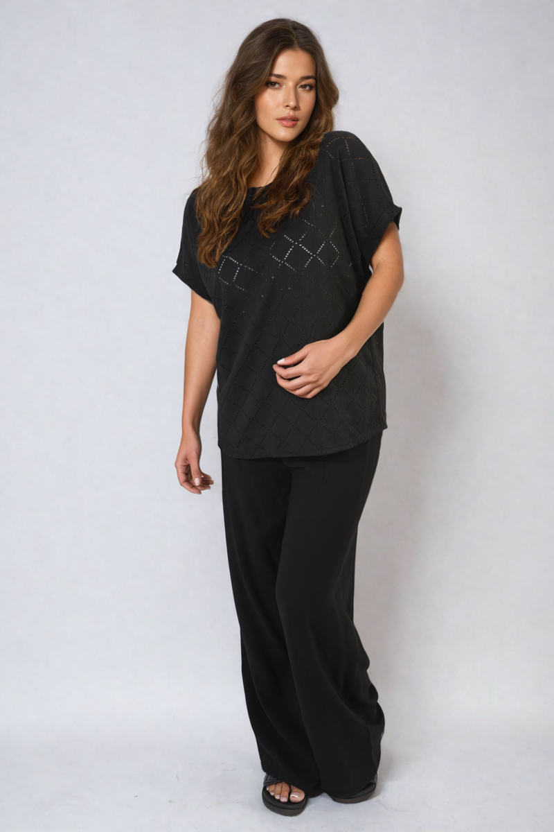 Bow Back Eyelet Details Short Sleeve Oversized Top - Black River UK