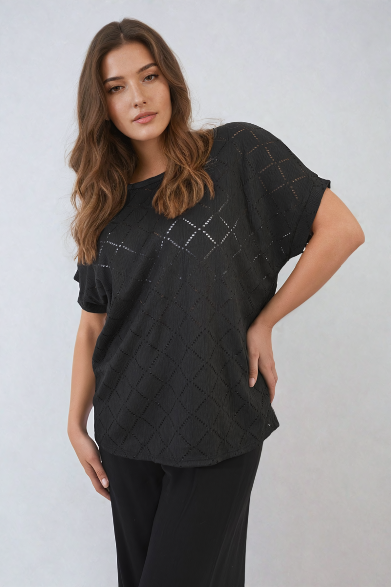 Bow Back Eyelet Details Short Sleeve Oversized Top - Black River UK