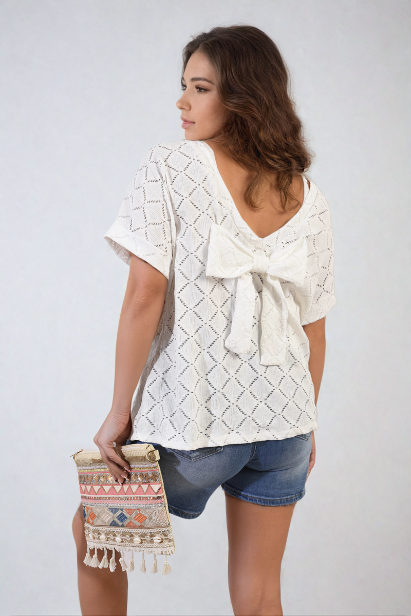 Bow Back Eyelet Details Short Sleeve Oversized Top - Black River UK