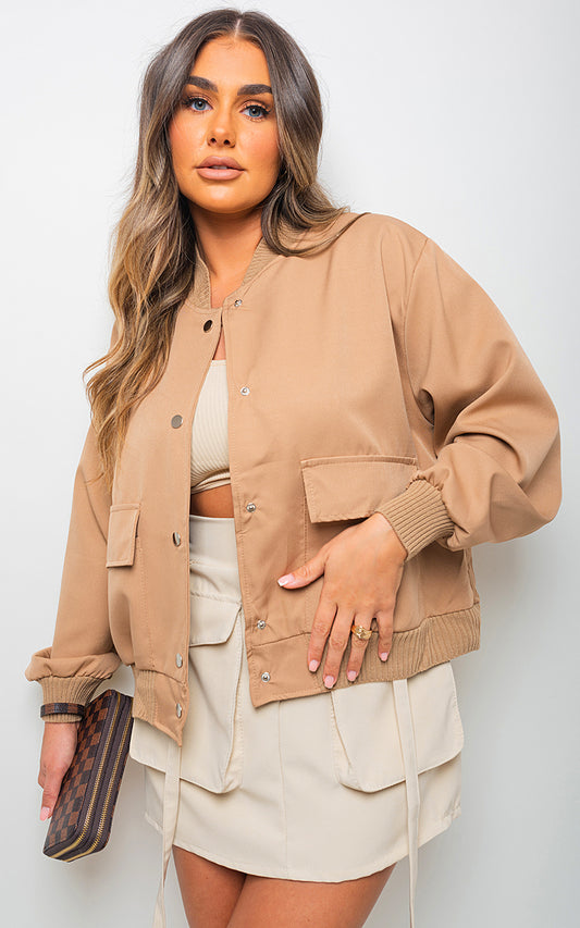 Long Sleeve Buttons Closure Bomber Jacket - Black River UK