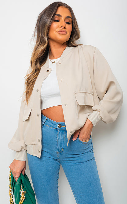 Long Sleeve Buttons Closure Bomber Jacket - Black River UK