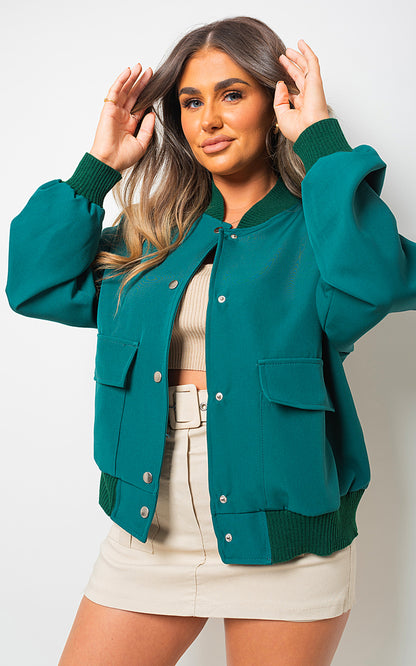 Long Sleeve Buttons Closure Bomber Jacket - Black River UK