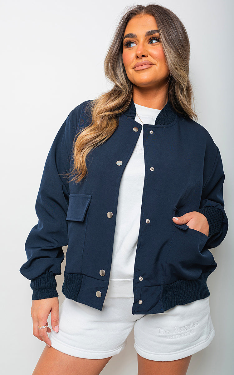 Long Sleeve Buttons Closure Bomber Jacket - Black River UK