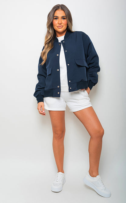 Long Sleeve Buttons Closure Bomber Jacket - Black River UK