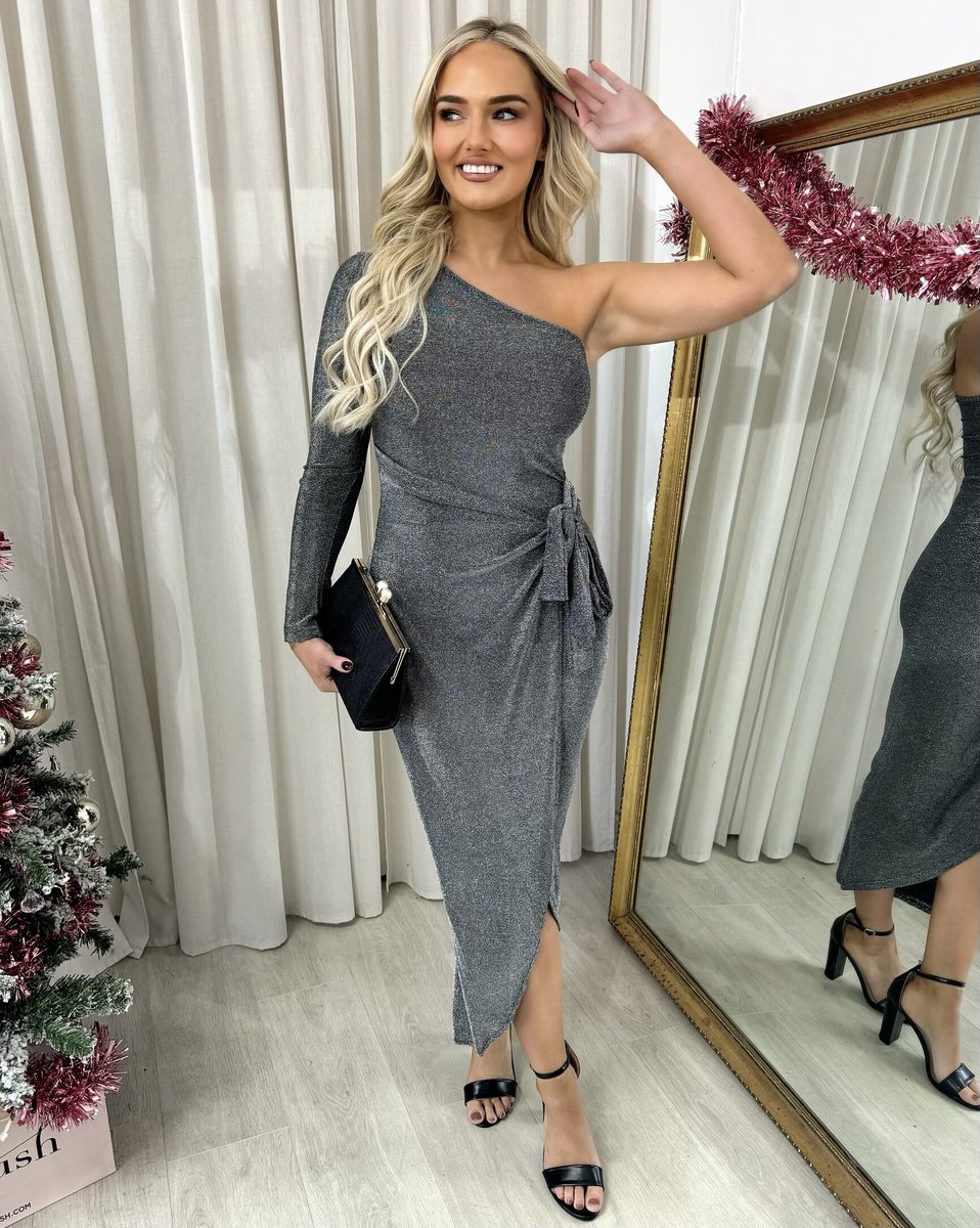 One Shoulder Wrap Front Glitter Midi Dress - Black River UK