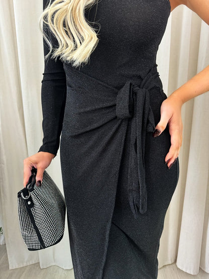 One Shoulder Wrap Front Glitter Midi Dress - Black River UK