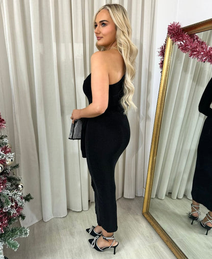 One Shoulder Wrap Front Glitter Midi Dress - Black River UK