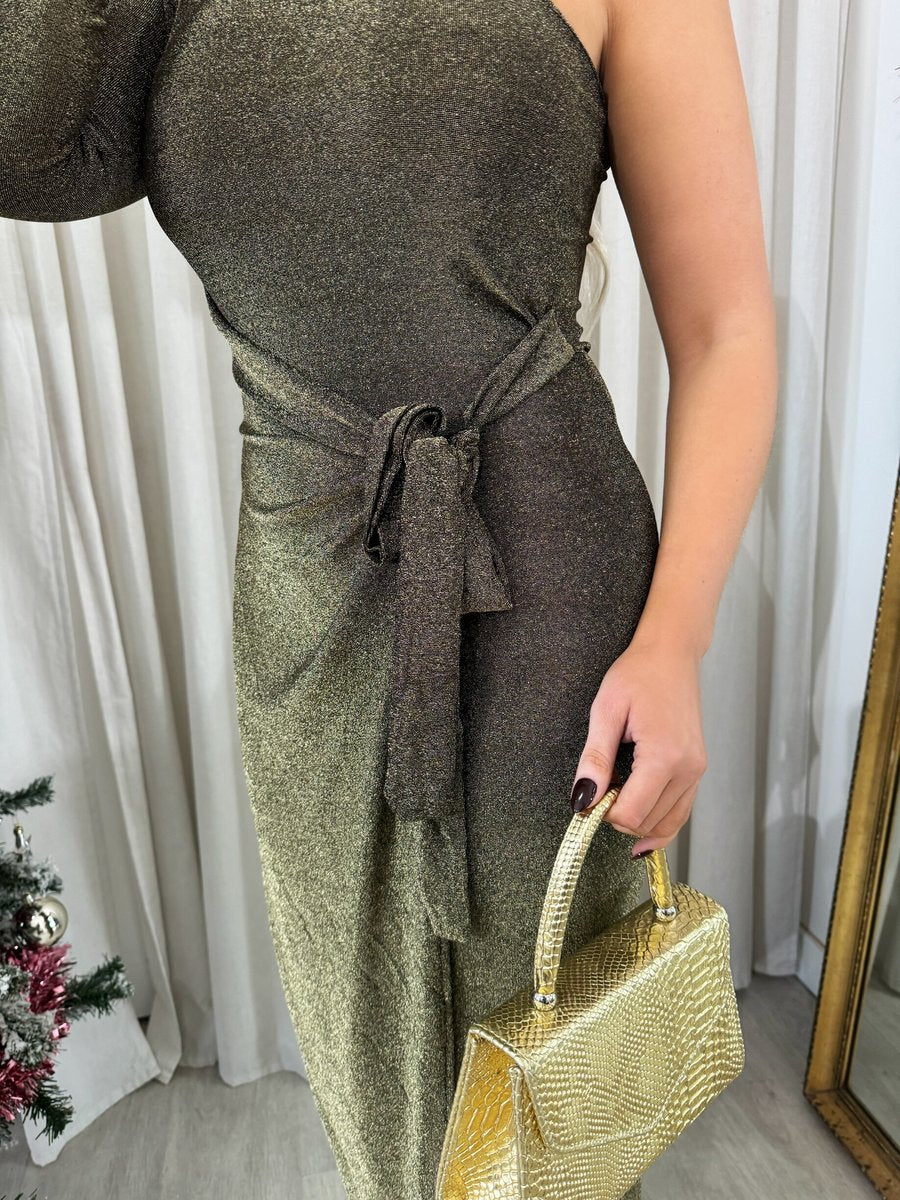 One Shoulder Wrap Front Glitter Midi Dress - Black River UK