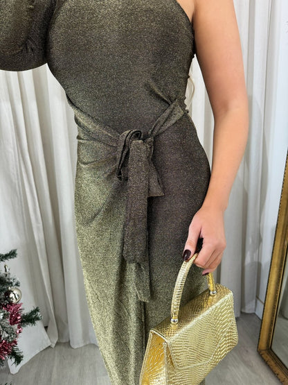One Shoulder Wrap Front Glitter Midi Dress - Black River UK