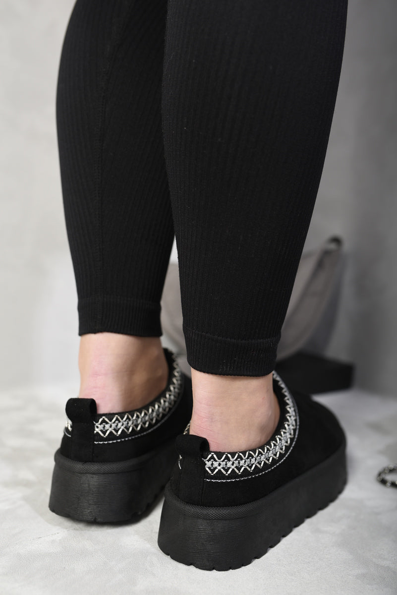 Aztec Detail Low Ankle Platform Slipper Boots - Black River UK