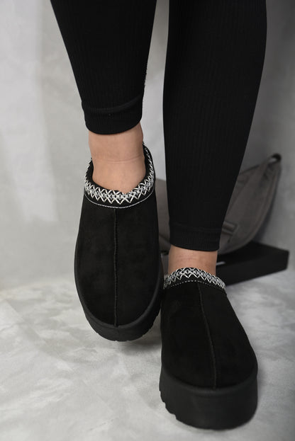 Aztec Detail Low Ankle Platform Slipper Boots - Black River UK