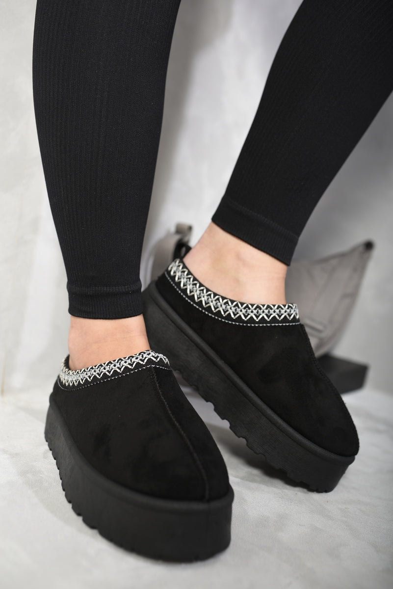 Aztec Detail Low Ankle Platform Slipper Boots - Black River UK