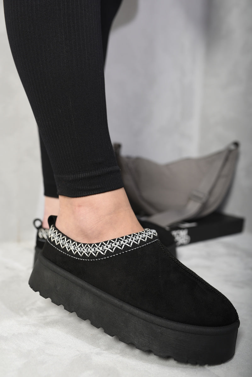 Aztec Detail Low Ankle Platform Slipper Boots - Black River UK