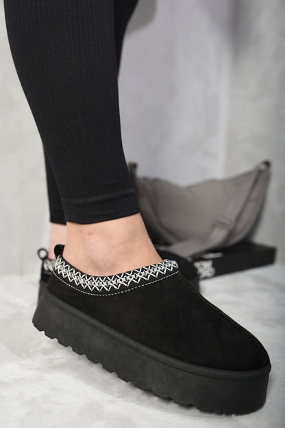 Aztec Detail Low Ankle Platform Slipper Boots - Black River UK