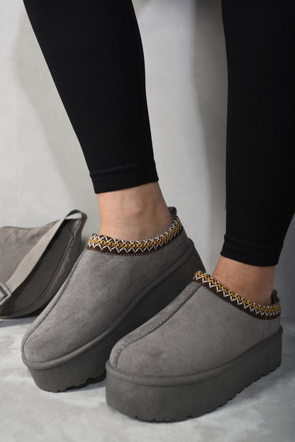 Aztec Detail Low Ankle Platform Slipper Boots - Black River UK