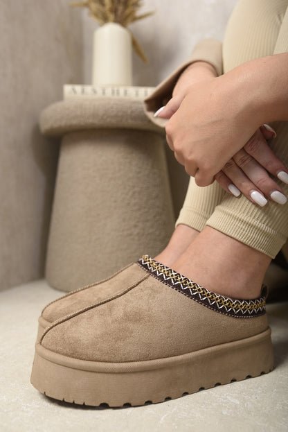 Aztec Detail Low Ankle Platform Slipper Boots - Black River UK