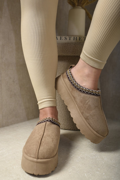 Aztec Detail Low Ankle Platform Slipper Boots - Black River UK