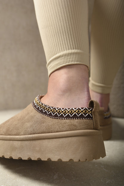 Aztec Detail Low Ankle Platform Slipper Boots - Black River UK