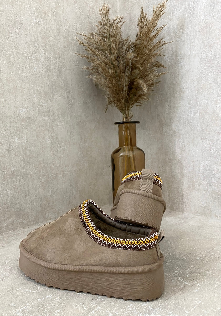 Aztec Detail Low Ankle Platform Slipper Boots - Black River UK