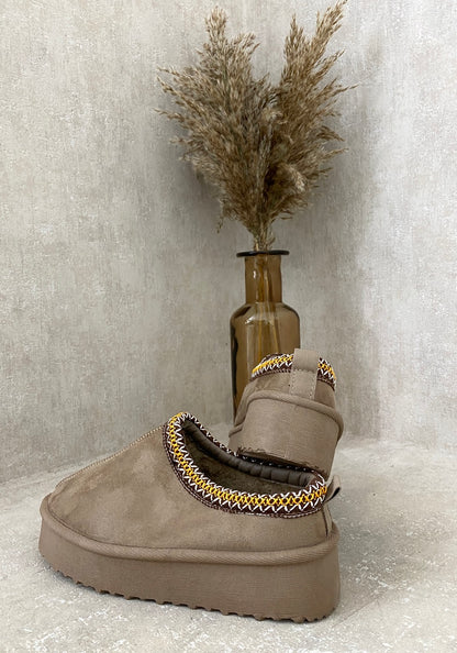 Aztec Detail Low Ankle Platform Slipper Boots - Black River UK