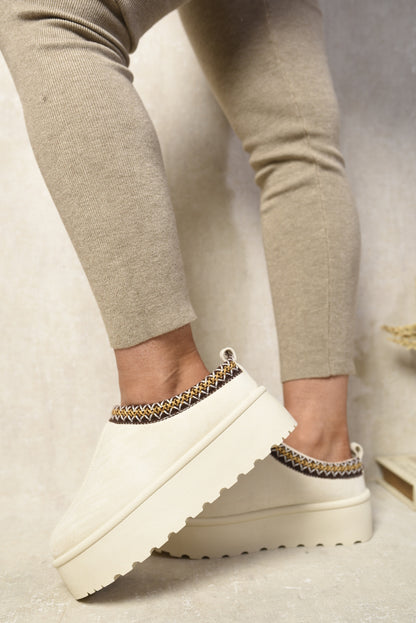 Aztec Detail Low Ankle Platform Slipper Boots - Black River UK