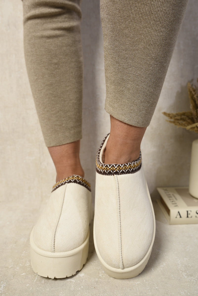 Aztec Detail Low Ankle Platform Slipper Boots - Black River UK