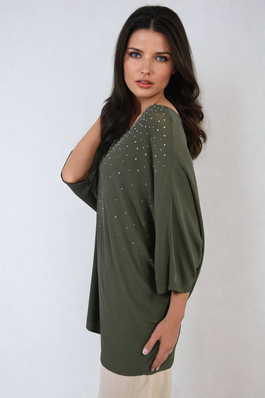 Round Neck Studded Oversized Top - Black River UK