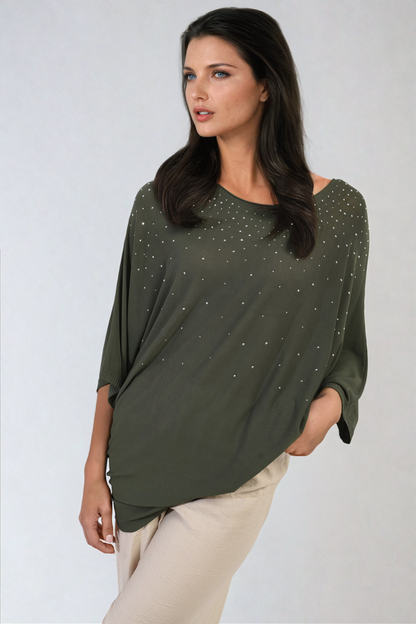 Round Neck Studded Oversized Top - Black River UK