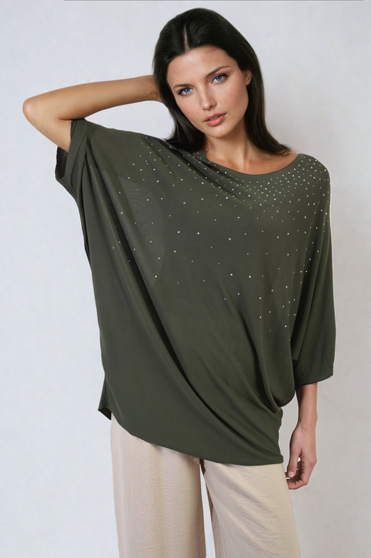 Round Neck Studded Oversized Top - Black River UK