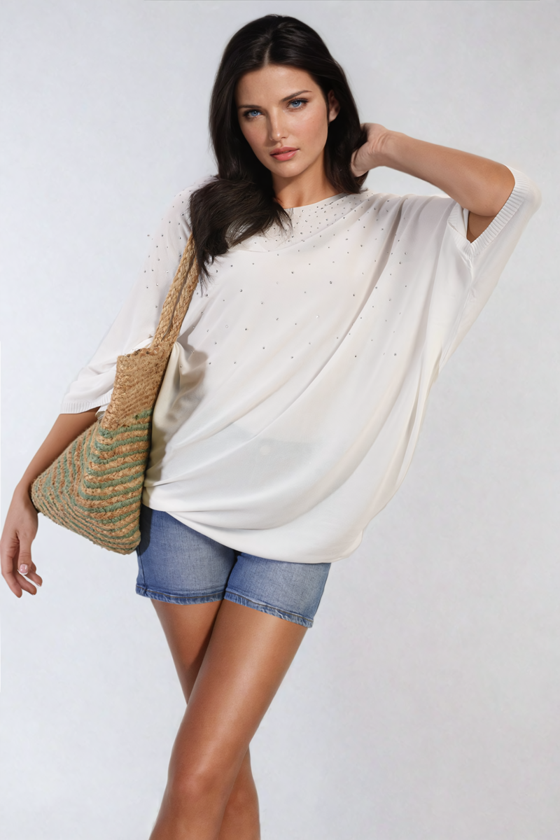 Round Neck Studded Oversized Top - Black River UK
