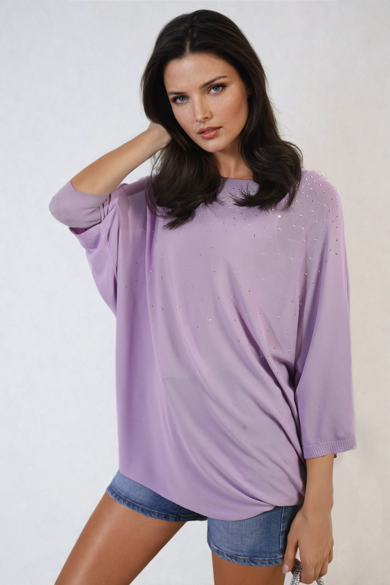 Round Neck Studded Oversized Top - Black River UK