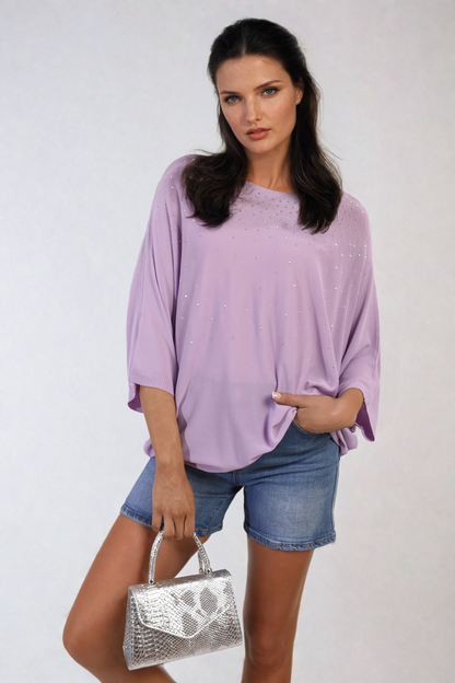 Round Neck Studded Oversized Top - Black River UK