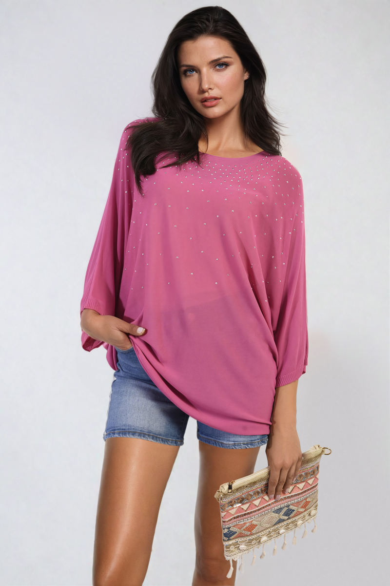 Round Neck Studded Oversized Top - Black River UK