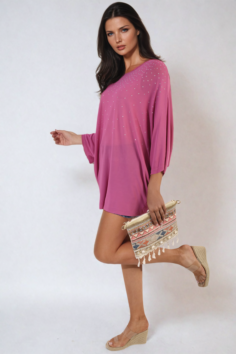 Round Neck Studded Oversized Top - Black River UK