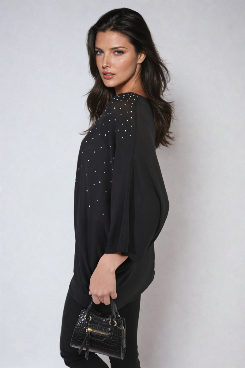 Round Neck Studded Oversized Top - Black River UK