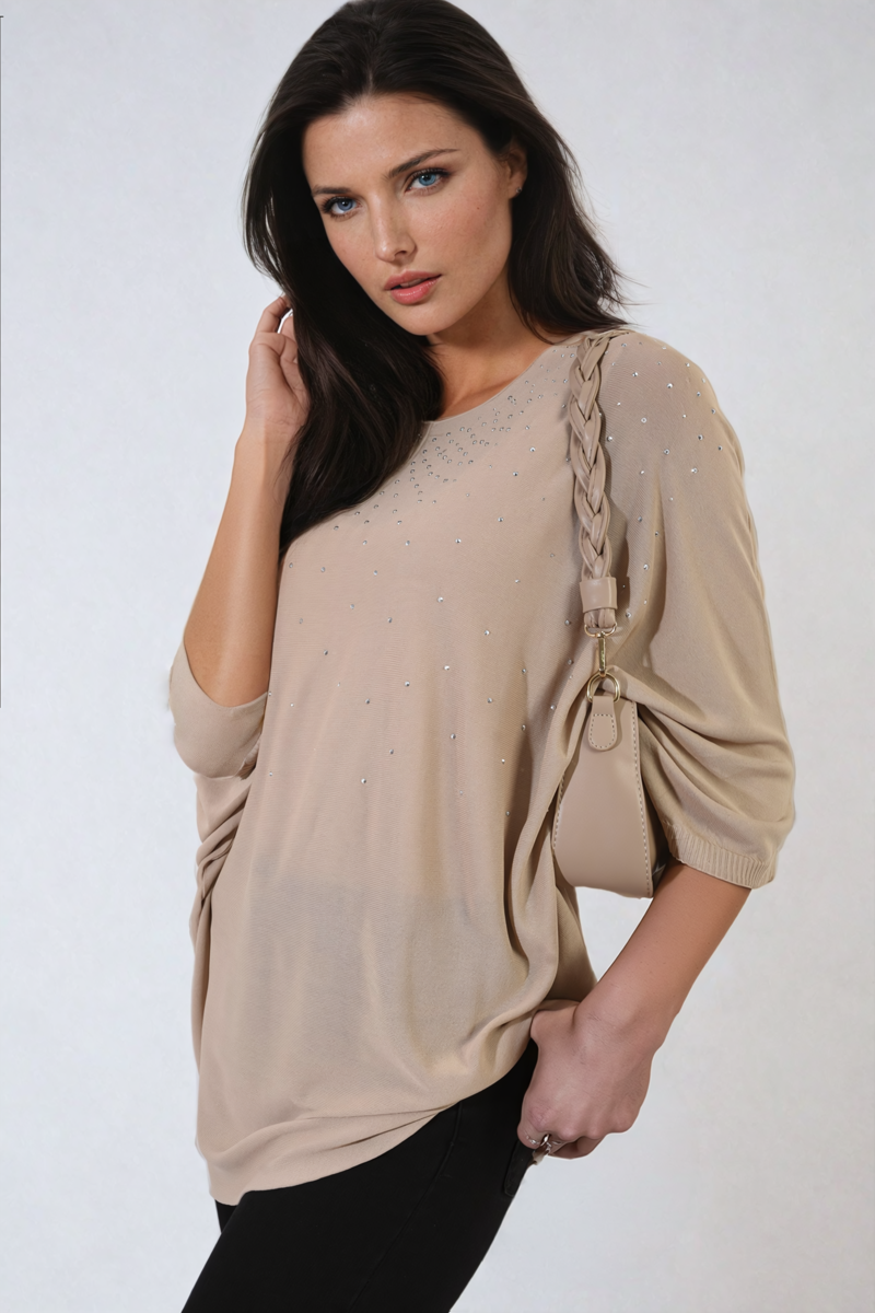 Round Neck Studded Oversized Top - Black River UK