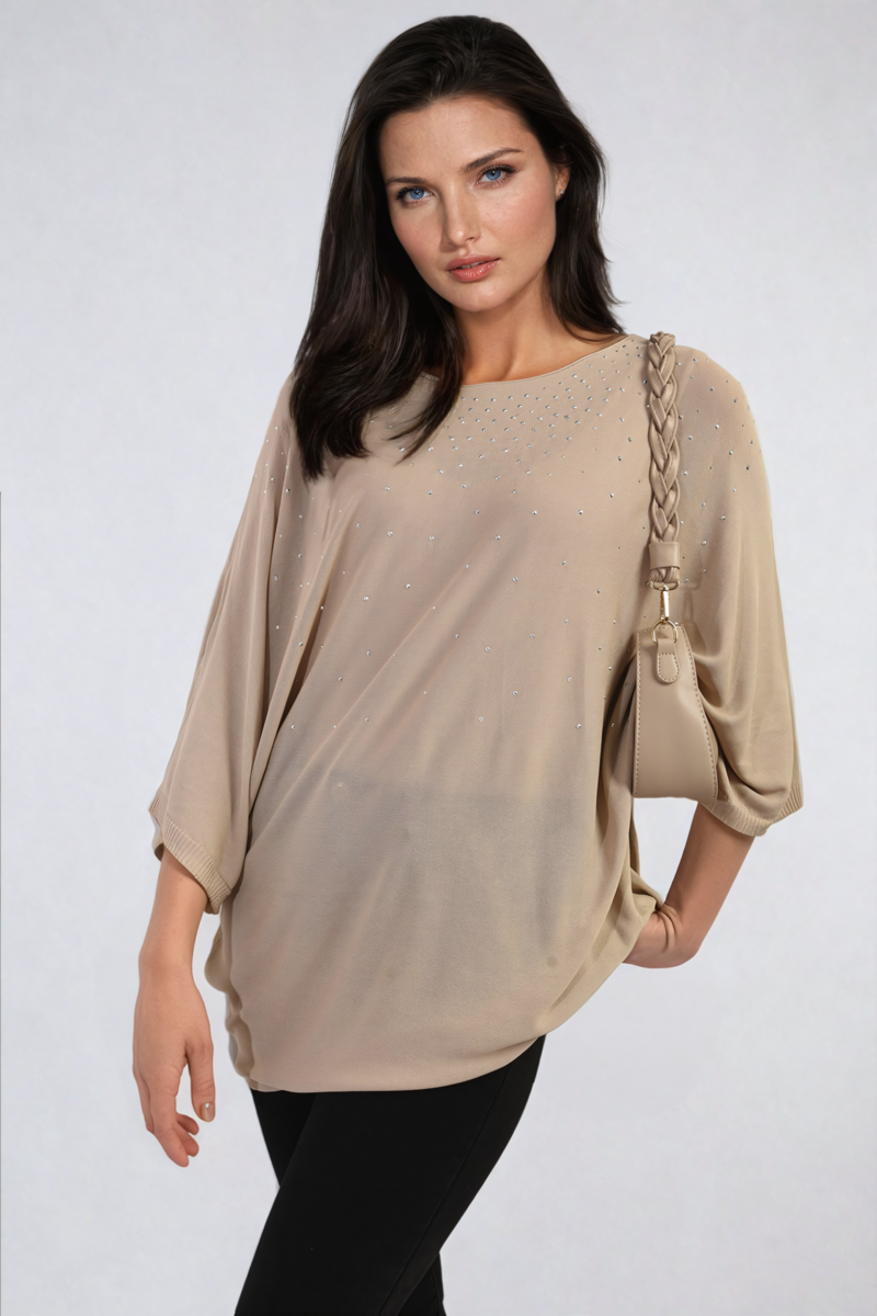 Round Neck Studded Oversized Top - Black River UK