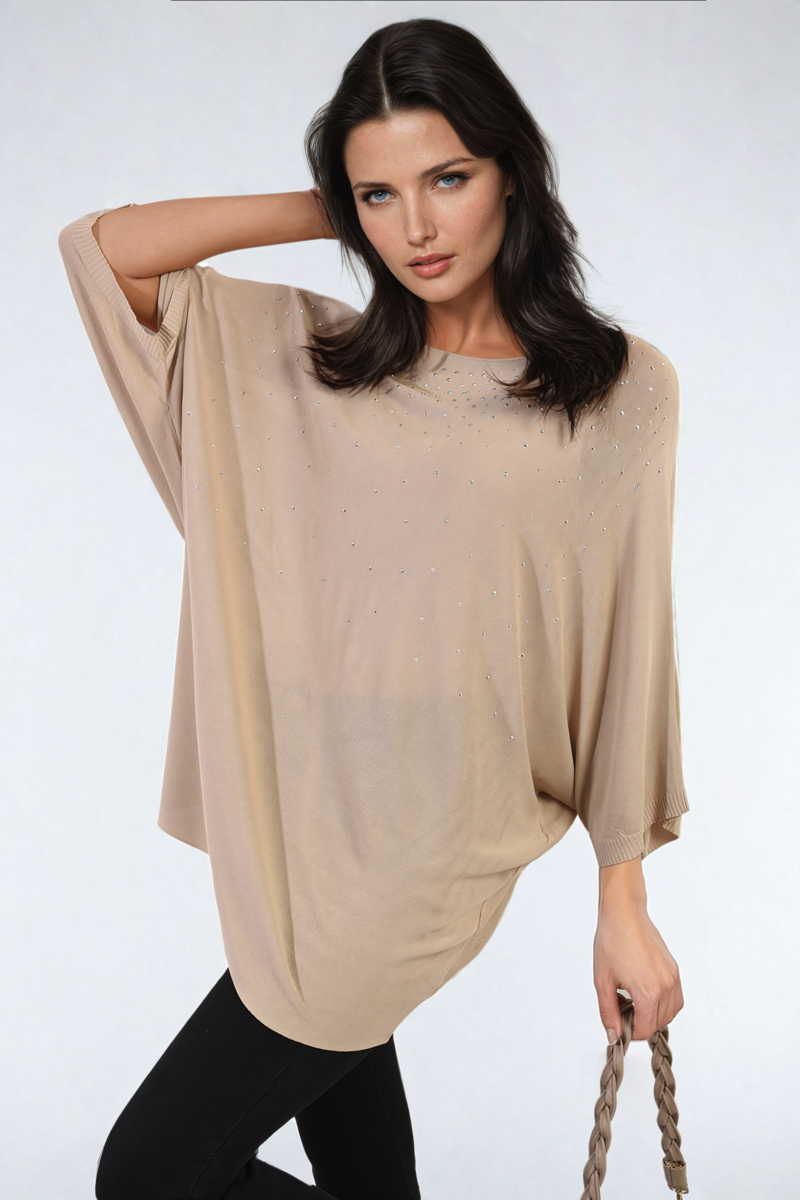 Round Neck Studded Oversized Top - Black River UK