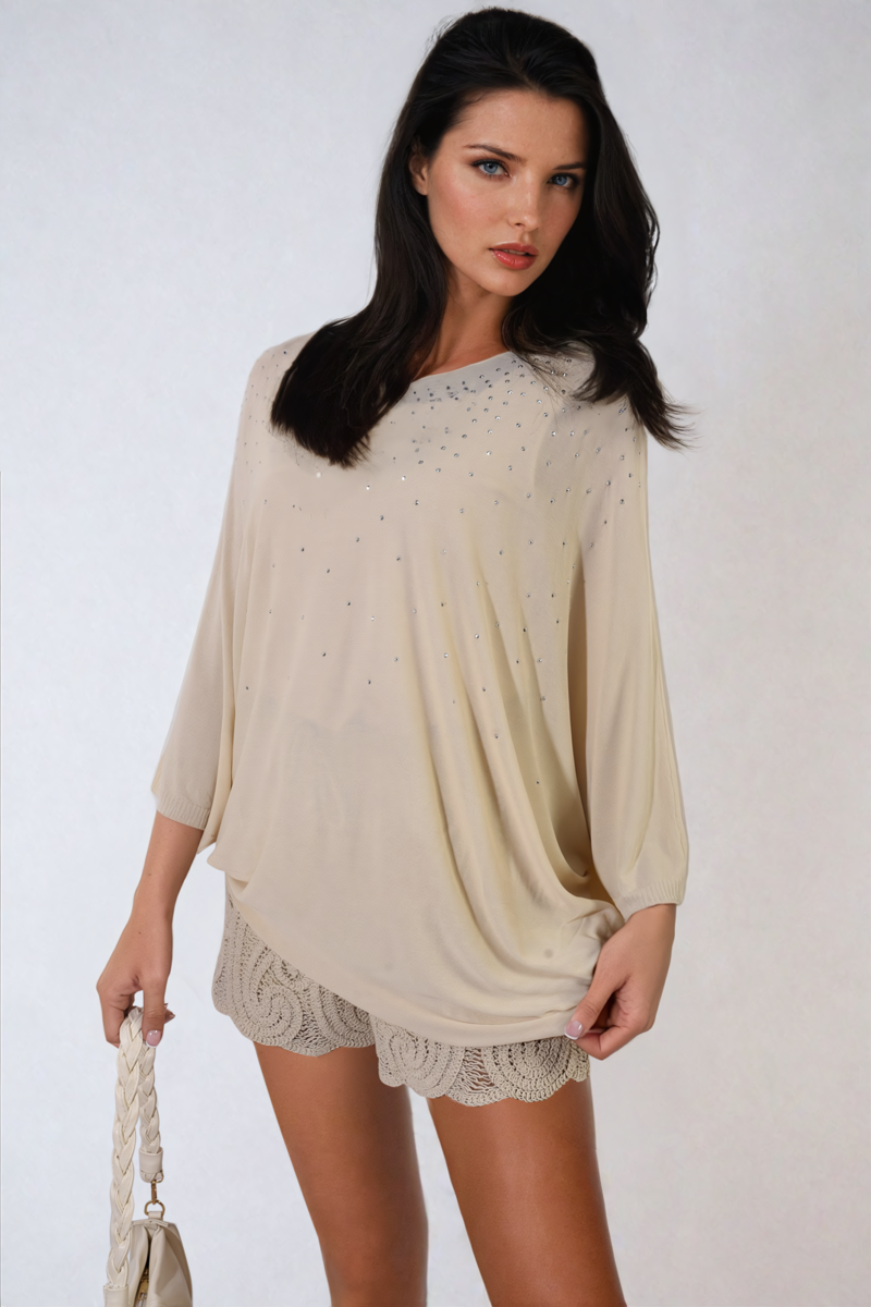 Round Neck Studded Oversized Top - Black River UK
