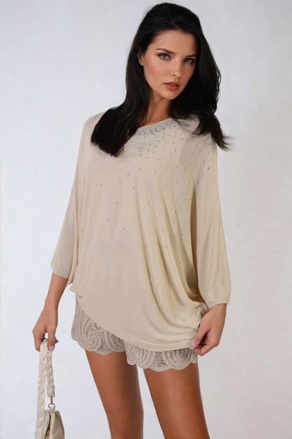 Round Neck Studded Oversized Top - Black River UK