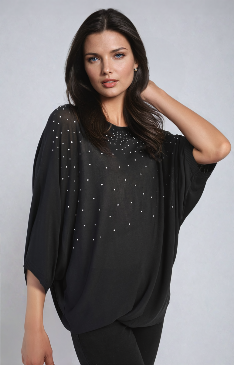 Round Neck Studded Oversized Top - Black River UK