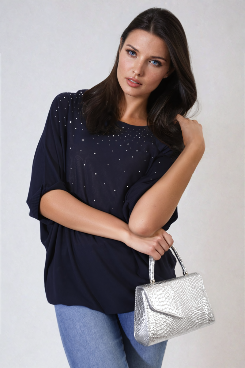 Round Neck Studded Oversized Top - Black River UK