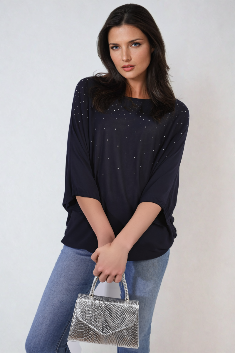 Round Neck Studded Oversized Top - Black River UK