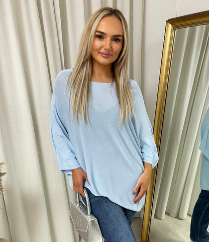 Round Neck Studded Oversized Top - Black River UK