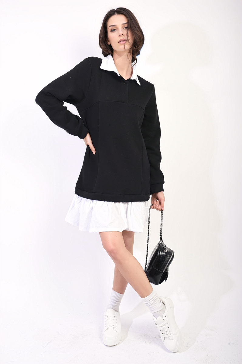 Collared Long Sleeve Mini Dress - Black River UK