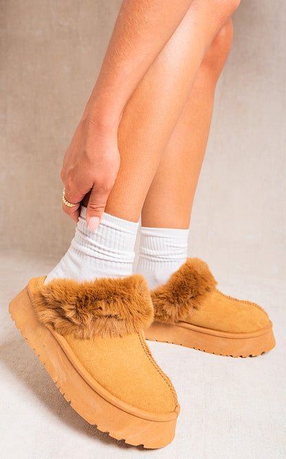 Faux Fur Trim Whisp Chunky Platform Slippers - Black River UK