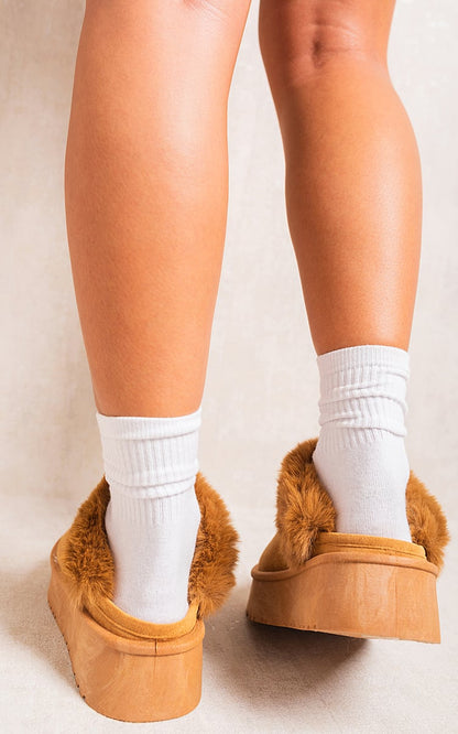 Faux Fur Trim Whisp Chunky Platform Slippers - Black River UK