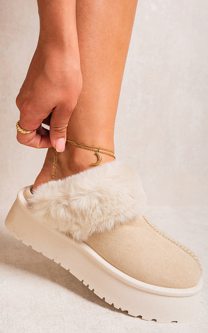 Faux Fur Trim Whisp Chunky Platform Slippers - Black River UK