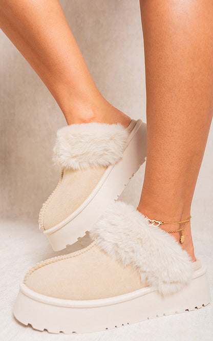 Faux Fur Trim Whisp Chunky Platform Slippers - Black River UK